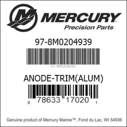 8M0204939 Quicksilver Aluminum Trim Assembly Anode for Mercury 5.7L V10 350-425hp Verado Outboards