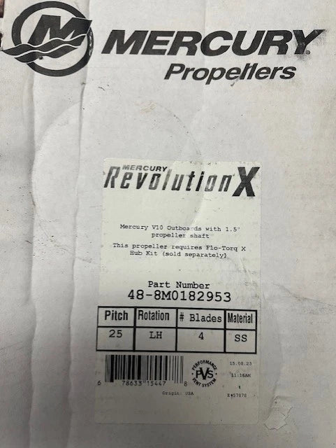 8M0182953 Mercury Revolution X 4-Blade Stainless Steel Propeller, 25" Pitch, Left-Hand Rotation